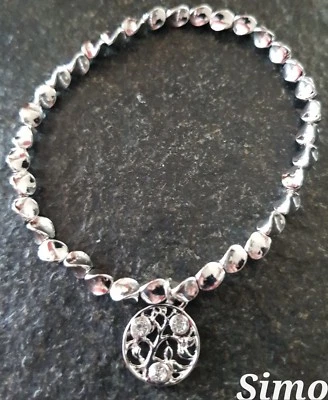 BRACCIALE DONNA ARGENTO ACCIAIO ZIRCONI ALBERO VITA PENDENTE ELASTICO GRANI LUCE - Immagine 1 di 2