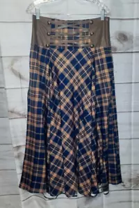 Scarlet Darkness Skirt XL Blue Gold Plaid Long Maxi High Belt Waist - Picture 1 of 17