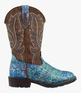 Roper Southwest Cowboystiefel blau Glitzer Azteken eckige Zehenpartie Western Mädchen Größe 1 - Bild 1 von 9