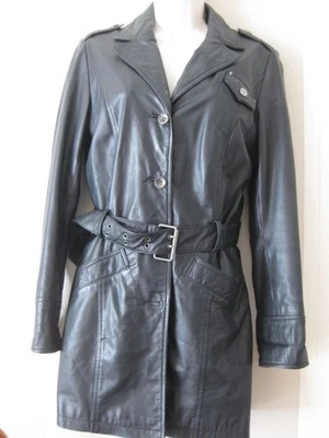 Black Genuine Leather Trench Coat size UK 8  BUTTER SOFT 90's Y2K RARE - Image 1 of 4