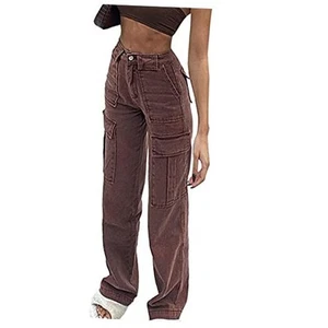 Women's Y2K Fashion Wide Leg High Waist Loose Fit Cargo Jeans Denim Small Brown - Picture 1 of 7