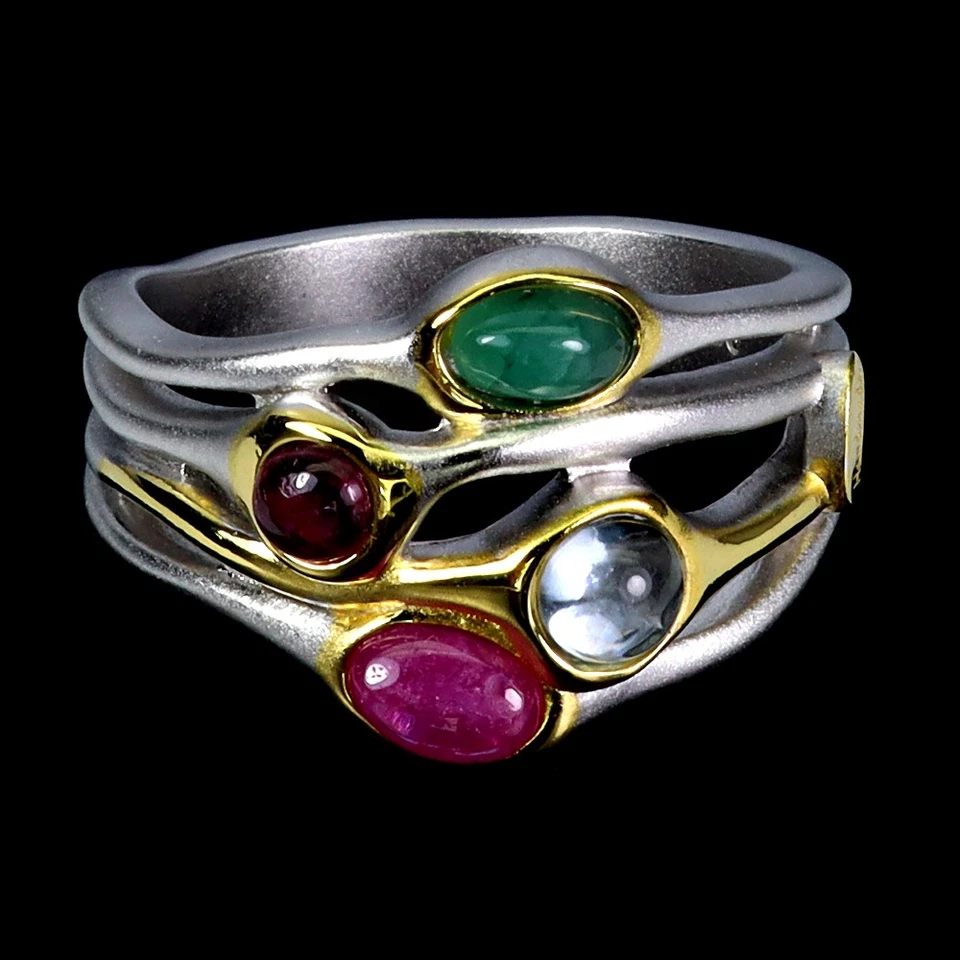 925 Anello Argento Sterling Ovale Smeraldo Topazio Rubino Fatto Gemma Gioielli - Immagine 1 di 4
