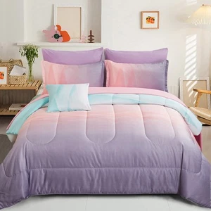 Girls Comforter Set Queen Size Colorful Ombre Blue Pink Purple Rainbow Beddin... - Picture 1 of 7