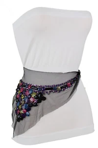 Women Wide Black Lace Artsy Fashion Tie Belt Colorfull Beads Side Hip Size S M L - Picture 1 of 12