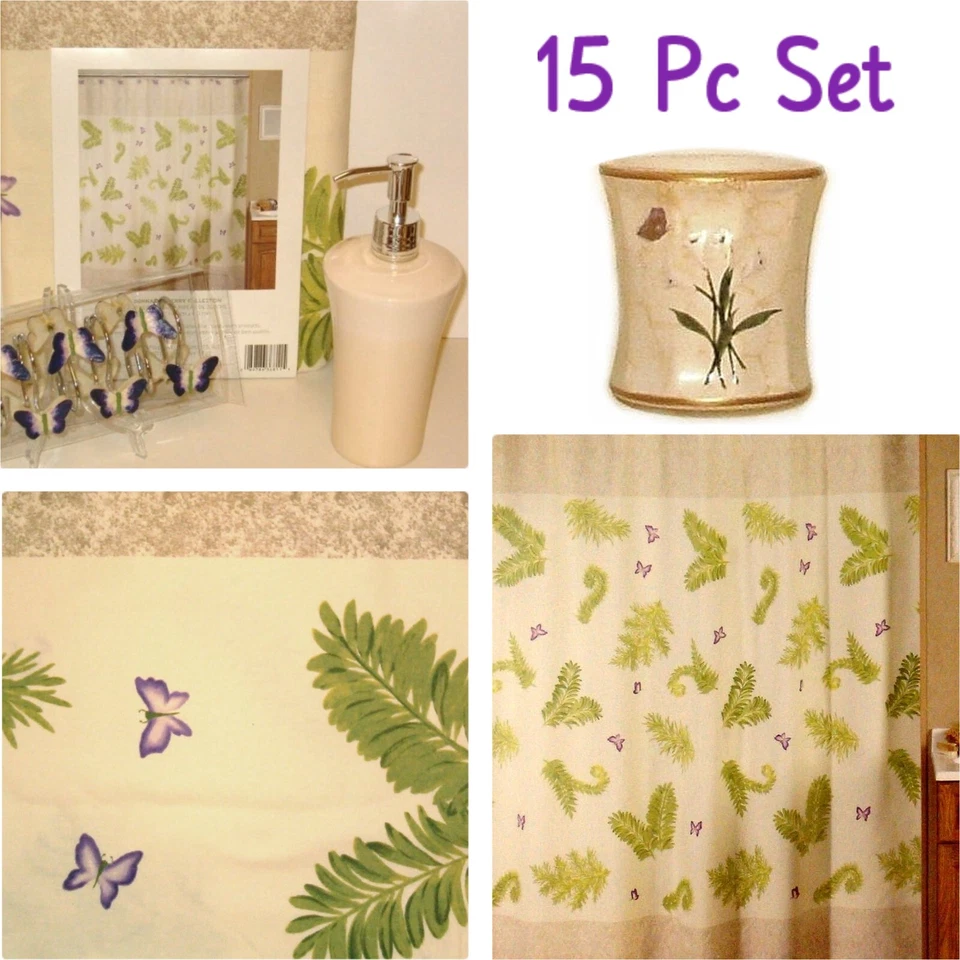 Занавеска для душа БАБОЧКА И ПАПОРОТНИК, крючки, мыльный насос, чашка для свечей ~ фиолетовый зеленый - Изображение 1 из 4