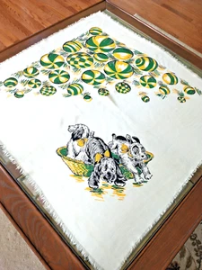 Vintage Whimsical 40's-50's Fringed Scarf 30" x 31" Puppies In Basket & Balls - Picture 1 of 7