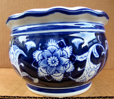 Vtg Floral Cobalt Blue & White Porcelain Fishbowl Planter Flower Pot Vase China