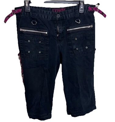 Tripp NYC Daang Goodman Black & Pink Plaid Crop Cargo Capri Pants Punk Goth Y2K - Image 1 of 4