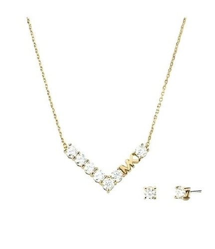 NUOVA COLLANA CATENA MICHAEL KORS ORO CRISTALLI BAGUETTE FORMA A V ORECCHINI MKJ4555