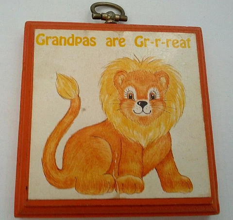 Small vintage wood orange plaque wall hanging grandpas are great lion picture Cover