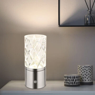 Lampada da Tavolo Comodino Argento Batteria USB Luce Del Giorno LED Regolatore - Immagine 1 di 4