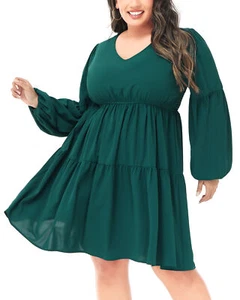 Women's Plus Size V Neck Long Sleeve Smocked Casual Flowy Swing Tunic Dress - Picture 1 of 28