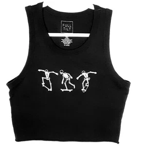 Full Tilt Womens Tank Top Cropped White Skeleton Skateboarders on Black Large  - Picture 1 of 4