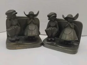 Set Dutch Boy & Girl Book Ends Heavy Brass Finish 5" - Picture 1 of 12