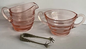 Antique 1928 Pink Creamer Open Sugar Bowl & Fancy Sugar Tongs-Beehive Pattern - Picture 1 of 19