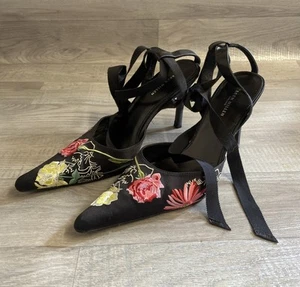 Karen Millen Black & Pink/Yellow Floral Tie Leg Pointed Heels Shoes Size 39 UK 6 - Picture 1 of 22