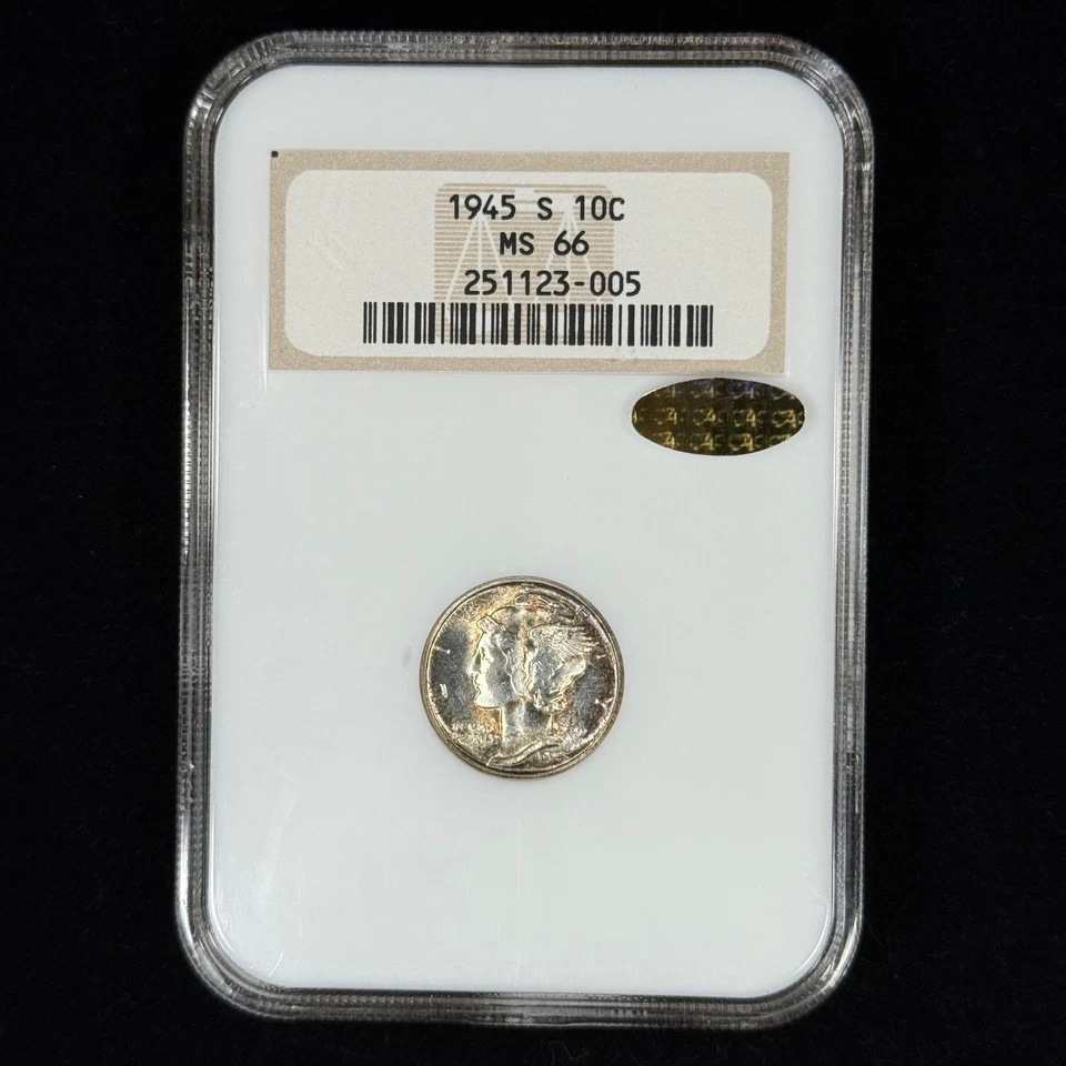 1945-S 10C MS66 GOLD CAC Toned Mercury Silver Dime - NGC Fatty - Lovely Coin PQ - Image 1 of 2