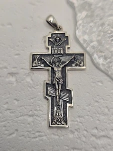 Crucifix Cross Jesus Pendant 925 Sterling Silver Orthodox Christian Amulet - Foto 1 di 3