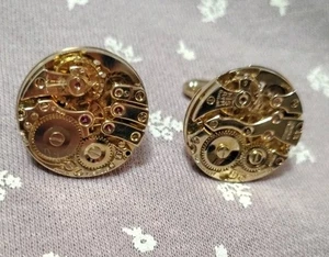 Vintage Swiss Watch Cufflinks Goldtone Jeweled Steampunk Gear Wedding Groom Gift - Picture 1 of 6