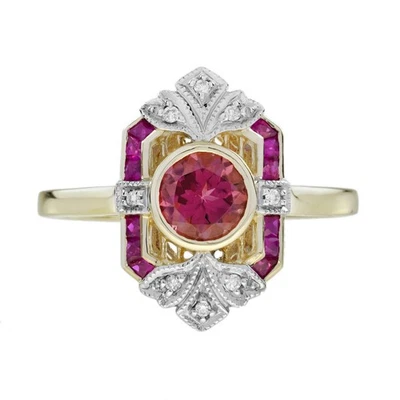 Anillo de compromiso estilo Art Deco con diamantes y rubí turmalina rosa natural de oro de 9 quilates Foto 1 de 4