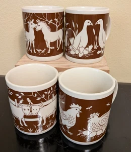 4 Papel Vintage "Barnyard Animal* 12 oz. Tazas Patos Pollos Caballos Vacas Marrón - Imagen 1 de 4