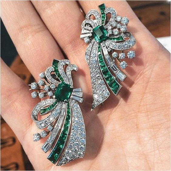 Emerald 4.47 CT & Diamond Statement Earrings for Women 925 Silver Baguette CZ - Image 1 of 4