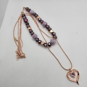 Faux Rose Gold Necklace 2 Strand Crystal Heart Pendant Pink Gold Beads 20" - Picture 1 of 7