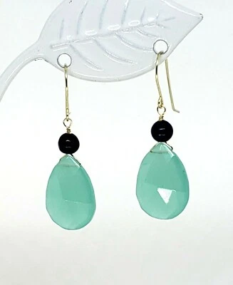 14k Yellow Gold Aqua Chalcedony and Lapis Lazuli Briolette Dangle Earrings - Image 1 of 4