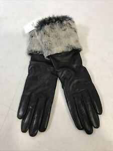 NWT Lands End Womens Long Black Leather Gloves w Gray/Black Faux Fur Cuff XSmall