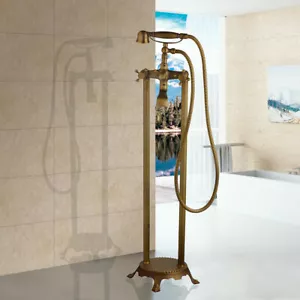Floor Mount Telephone Bathtub Faucet Set Antique Brass Handheld Shower Mixer Tap - Picture 1 of 9