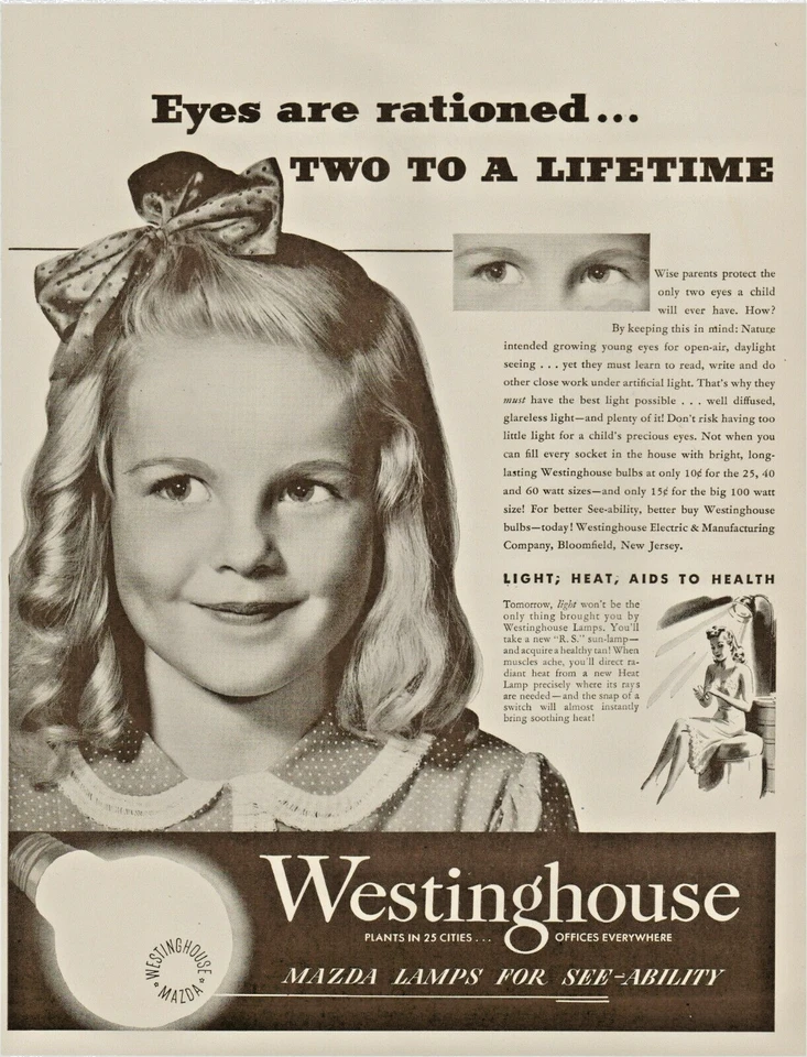 Lámparas Westinghouse Mazda 1945 para ver ayuda térmica a la salud de colección Anuncio impreso Foto 1 de 1