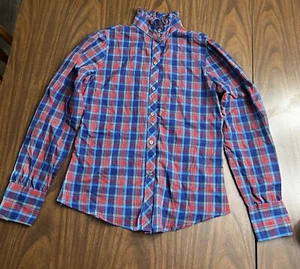 Ruffle High Mock Collar Daisy VTG Plaid Button Down Womens Sz 12 Cottage Core - Picture 1 of 6