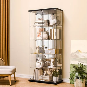 New 5 Shelf Glass Display Cabinet Curio Cabinets w/Mirror Bookshelf Trophy Case - Picture 1 of 11