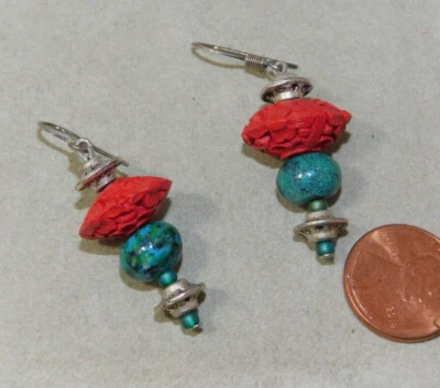 雕刻红色辛纳巴蓝色亚祖尔石珠银色吊坠耳环 8L 45 — 第 1/4 张图片