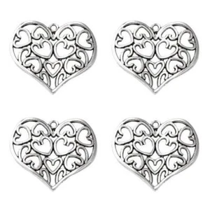 Metal Alloy Heart Pendants Antique Silver 37mm Pack Of 4 - Picture 1 of 1