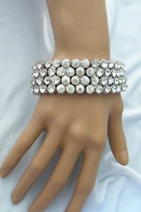 Vintage Bezel Pave' Set Crystal Rhinestone Interlocking Panels Stretch Bracelet - Picture 1 of 9