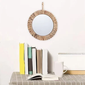 Vintage Frame Woven Mirror Round Woven Mirror Makeup Mirror Rustic Rattan Mirror - Picture 1 of 7