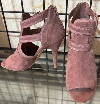 全新无标签 Lauren Conrad 棕色麂皮绒踝带露趾高跟鞋 4 英寸鞋跟 尺寸:7M — 第 1/4 张图片