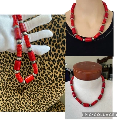 Collar Unisex Vintage Firmado FD Grueso Coral Rojo Plata Esterlina 925 Cuentas Foto 1 de 4