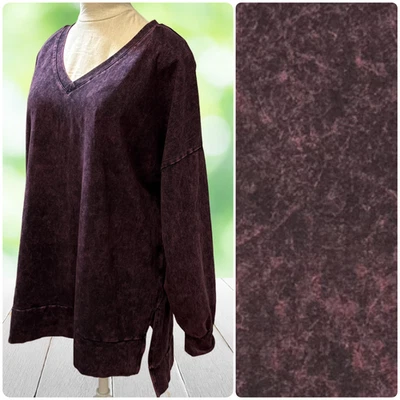 Top túnica ZENANA para mujer 2X púrpura lavado ácido cuello en V abertura lateral tejido suave Lagenlook Foto 1 de 4