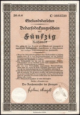50 Reichsmark 1933 - Ehestandsdarlehen - Germany- Series: C 3663530 - "VG" - C28 - Image 1 of 4