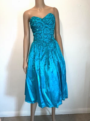 Vestido de graduación vintage Jessica McClintock Gunne Sax verde azulado satinado lentejuelas sin tirantes talla 5 Foto 1 de 4