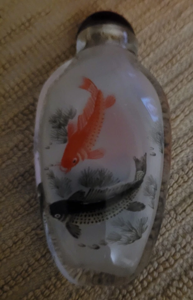 china Glass Inside painting Feng Shui animal fish  snuff bottle statue with box - Image 1 of 4