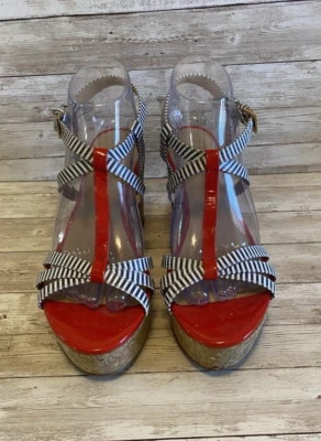 Sandalias Kate Spade para mujer 7,5 rayas corcho cuña suela roja cereza Foto 1 de 4