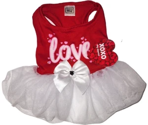 Simply Wag "Love" Red, White, Pink Hearts,Satin Gem Bow, Puppy/Dog Dress, Small - Picture 1 of 4