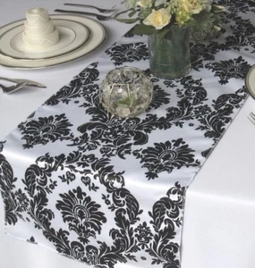 12" x 108" Flocking Damask Table Runner Black White Flocked Velvet Wedding Home - Picture 1 of 3