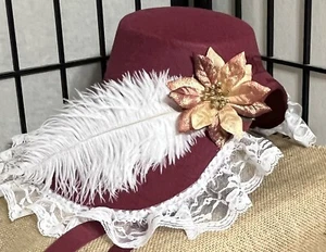Burgundy Christmas Lady Dickens Caroler Costume Hat-trimmed In Lace- White Plume - Picture 1 of 7