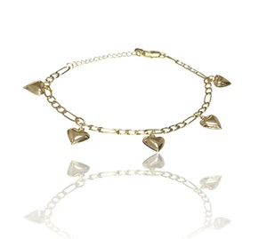 18K Gold Tone Cute Hearts Charms Anklet | Tobillera Oro Laminado 10" - Picture 1 of 12