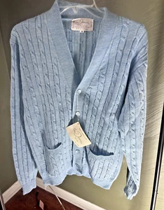 NOS Tags Vtg 80s/90 Men's The Denver Light Blue Cable Knit Cardigan Sweater M - Picture 1 of 7