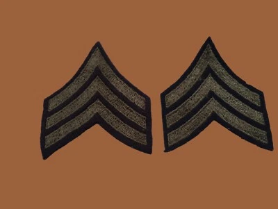 1 PAR DE PARCHES ORIGINALES DE SARGENTO RAYAS VERDES SOBRE SARGA NEGRA DEL EJÉRCITO DE EE. UU. SEGUNDA GUERRA MUNDIAL Foto 1 de 4